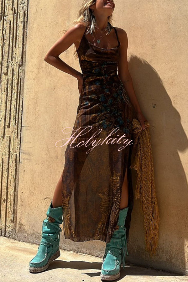 Gypsy Style Unique Print Cowl Neck Back Lace-up Slit Midi Dress