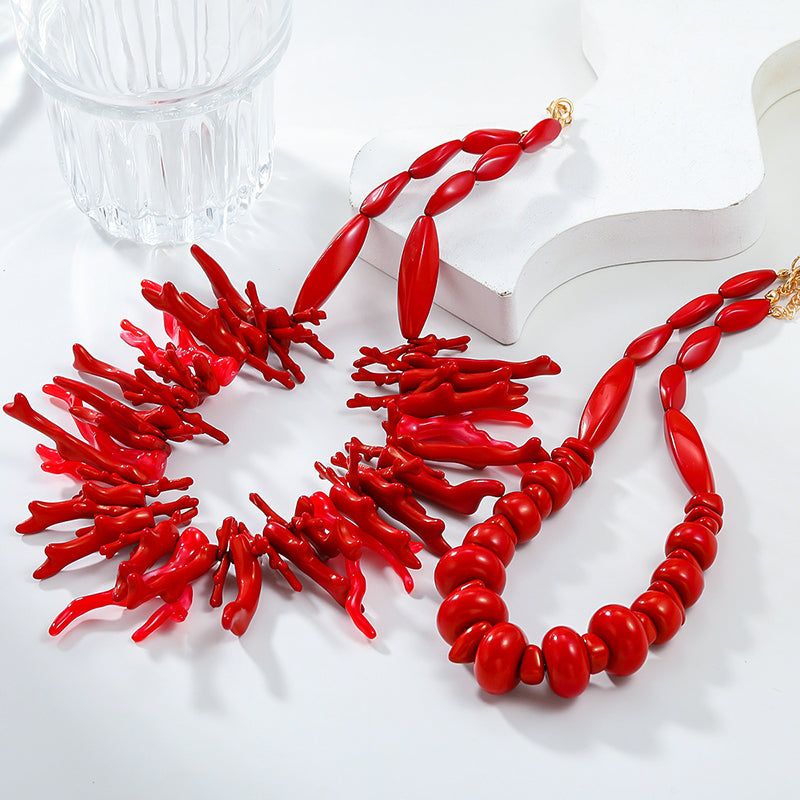 Bohemian Red Coral Necklace Two-piece Set