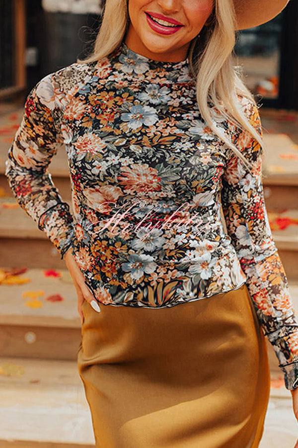 Floral Print Turtleneck Long Sleeve Stretch Bottoming Shirt