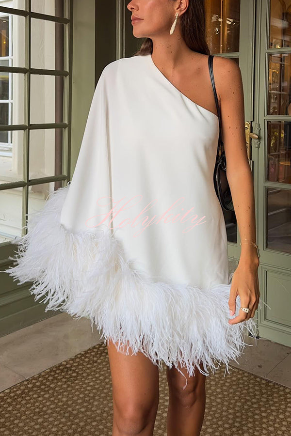 Vegas Living One Shoulder Feather Hem Party Mini Dress