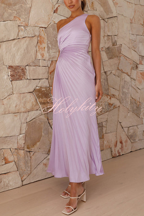 Charming One Shoulder Lace Up Cutout Pleated Maxi Dress