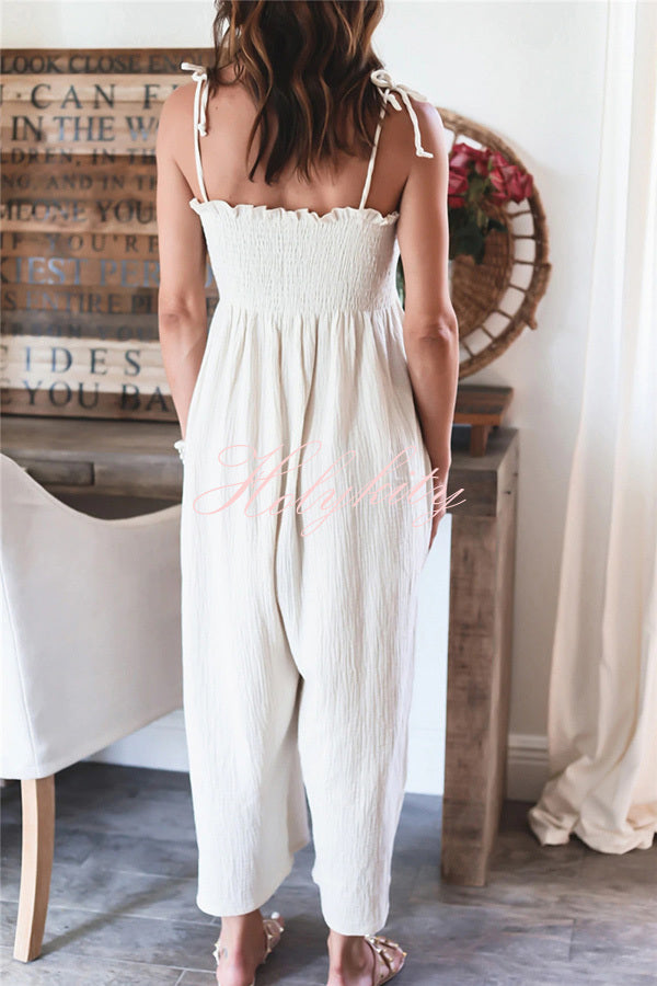 Elegant Solid Color High Waist Linen Blend Suspender Pleated Jumpsuit