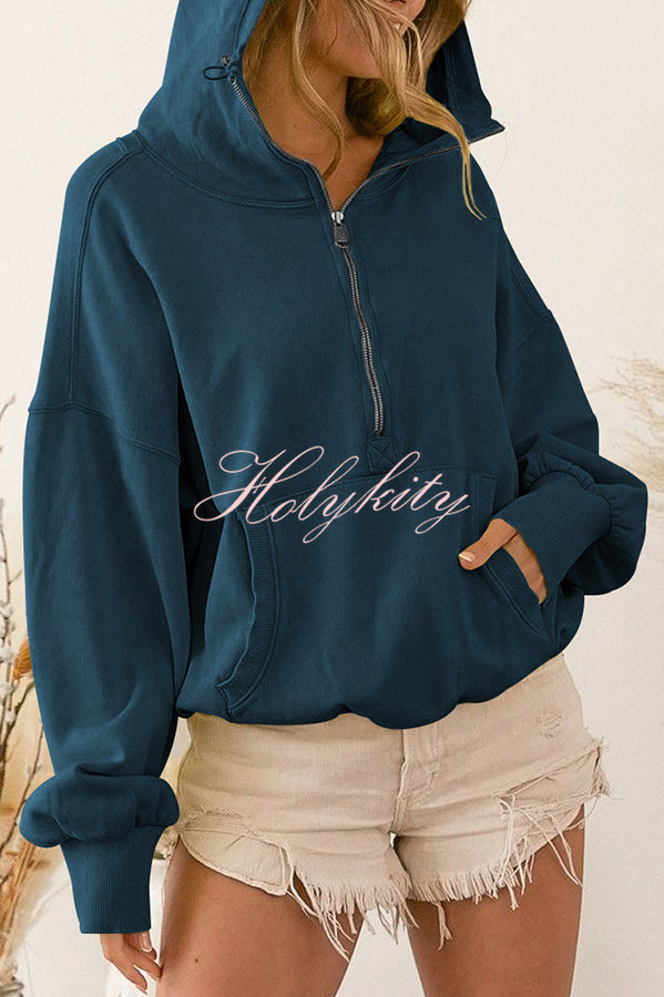 Front Pocket Zip Drawstring Long Sleeve Hoodie