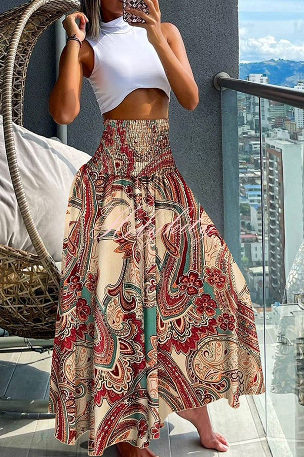 Unique Printed Pleated Elastic Waist Holiday Casual Maxi Skirt