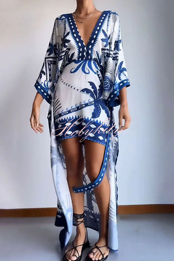 Chic Palm Tree Ethnic Print Fake Two Piece Lace Up Maxi Dress