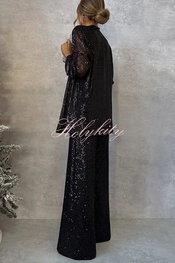 Party Scene Sequin Open Front Long Sleeve Drape Coat