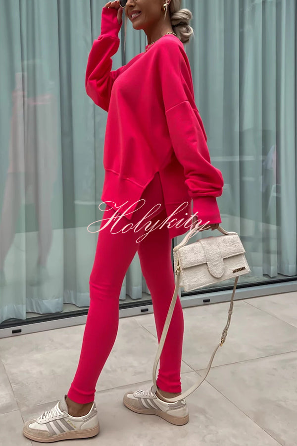 Solid Color Loose Long Sleeve SlitSweatshirt and Elastic Waist Tight Pants Set