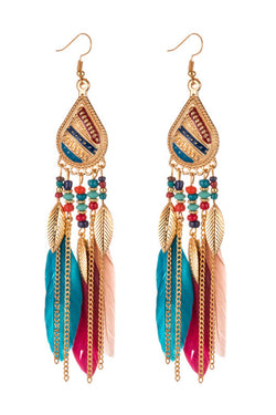 Boho Vintage Colorful Feather Tassel Dangle Drop Earrings