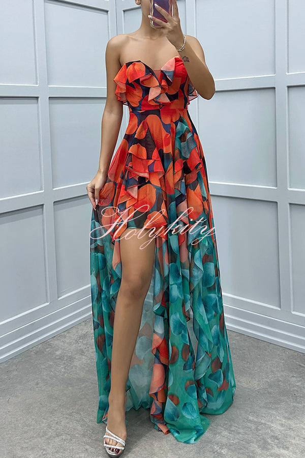 Loving Moment Gradient Unique Print Flowing Layered Ruffles Strapless Slit Maxi Dress