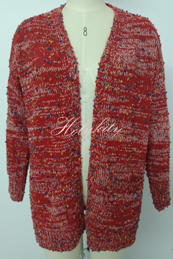 Aminga Colorful Spotted Pocket Crochet Long Sleeved Cardigan