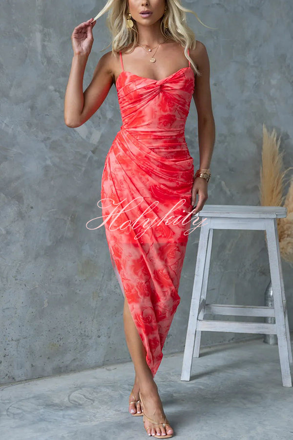 Saloni Mesh Floral Print Twist Ruched Detail Irregular Hem Stretch Maxi Dress