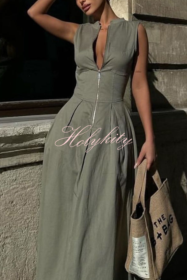 Stylish Sleeveless Zippered V-neck Slim Fit Maxi Dress