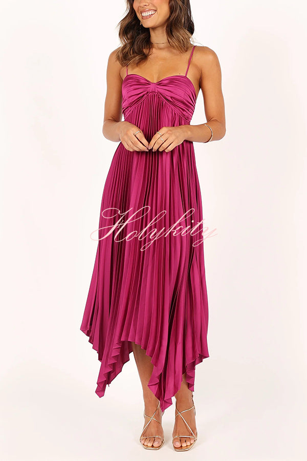 Solid Color Sexy Suspender Pleated Irregular Midi Dress