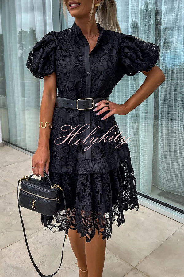 Absolutely Elegant Floral Crochet Lace Puff Sleeve Belted Shirt Midi Dress