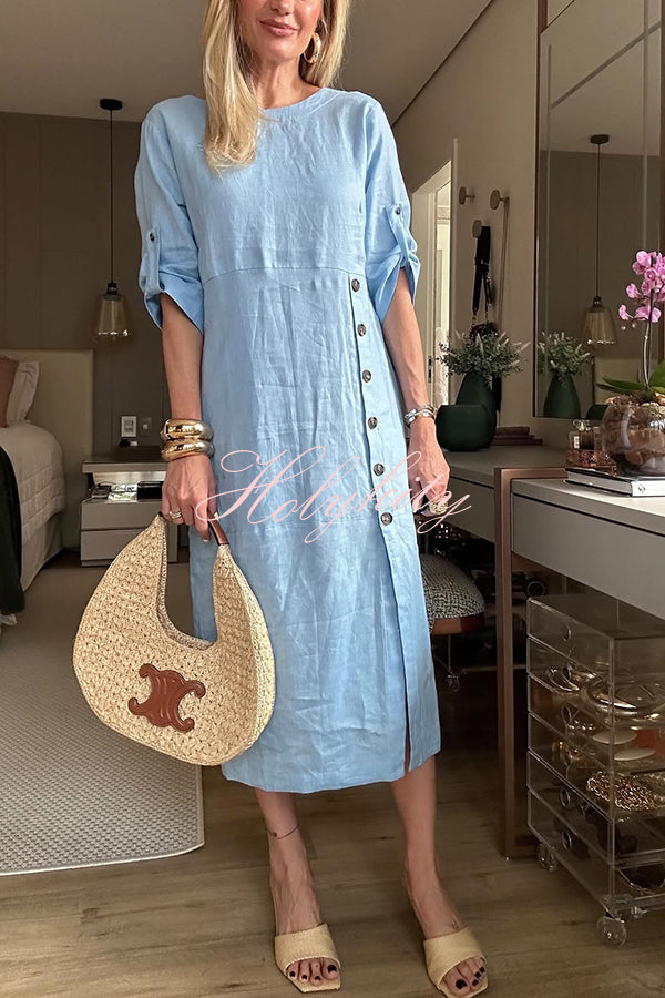 Ultra-comfortable Linen Blend Half Sleeve Front Button Detail Relaxed Pocket Midi Dress