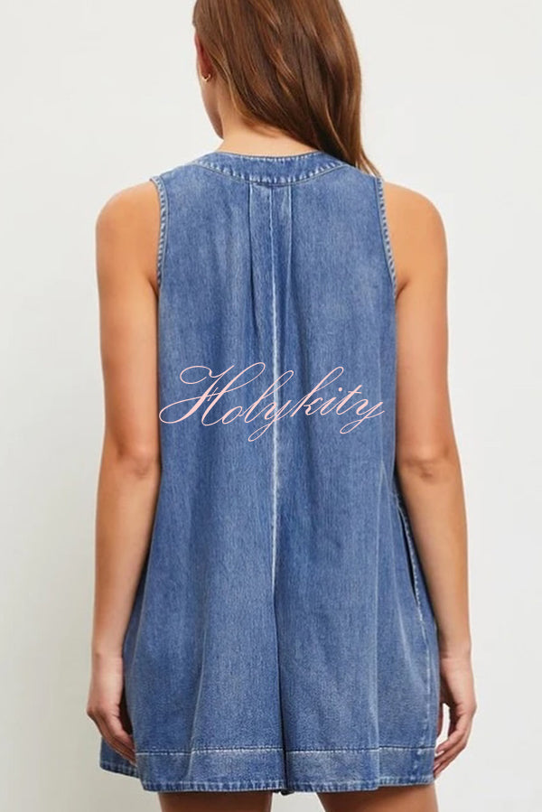 Downtown Daze Denim Pleated Tie-up Pocketed Loose Romper
