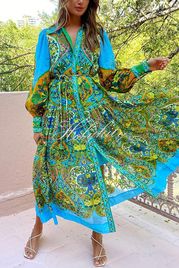 Feeling Butterflies Multi Unique Print Balloon Sleeve Belt Shirt Midi Dress