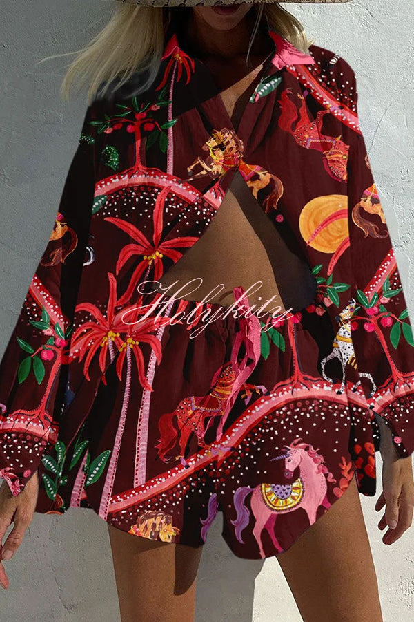 Fantasy Unicorn Print Button Down Shorts Set