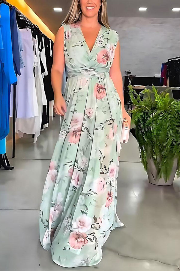 Floral Print V-neck Lace-up Maxi Dress