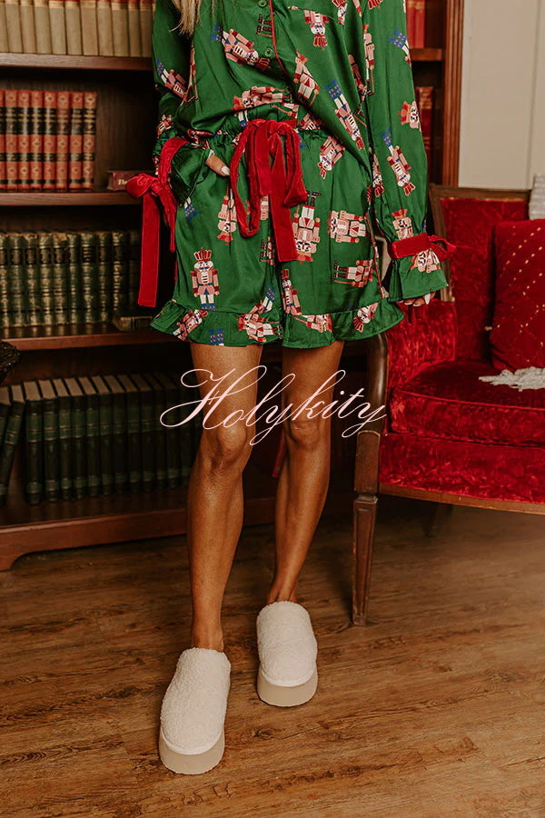 Christmas Dreaming Satin Nutcrackers Print Velvet Trim Elastic Waist Pocketed Pajama Shorts Set