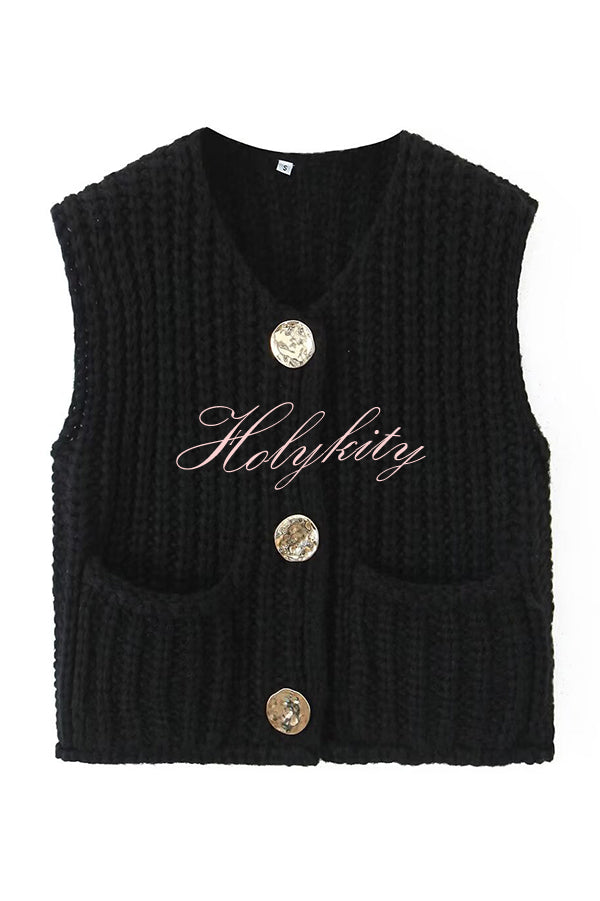 Solid Color Sleeveless Pocket Knitted Vest