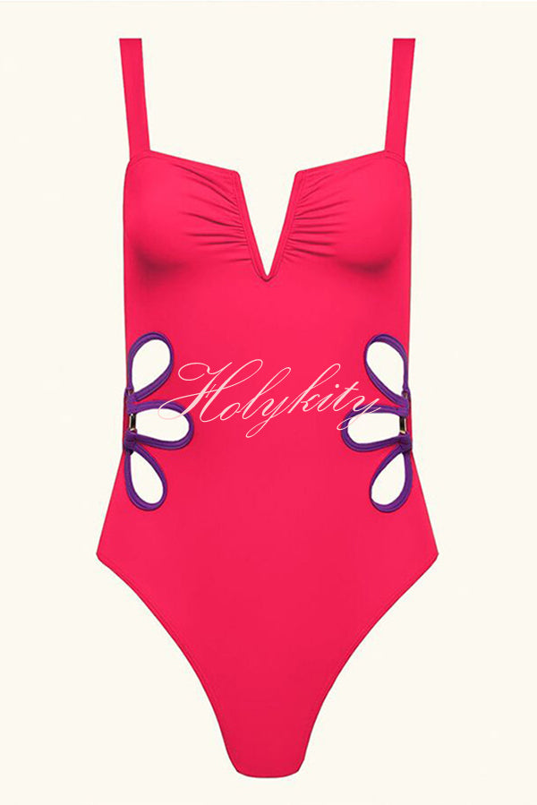 Hawaiian Style Side Waist Floral Hollow Out Stretch One-piece Swimsuit