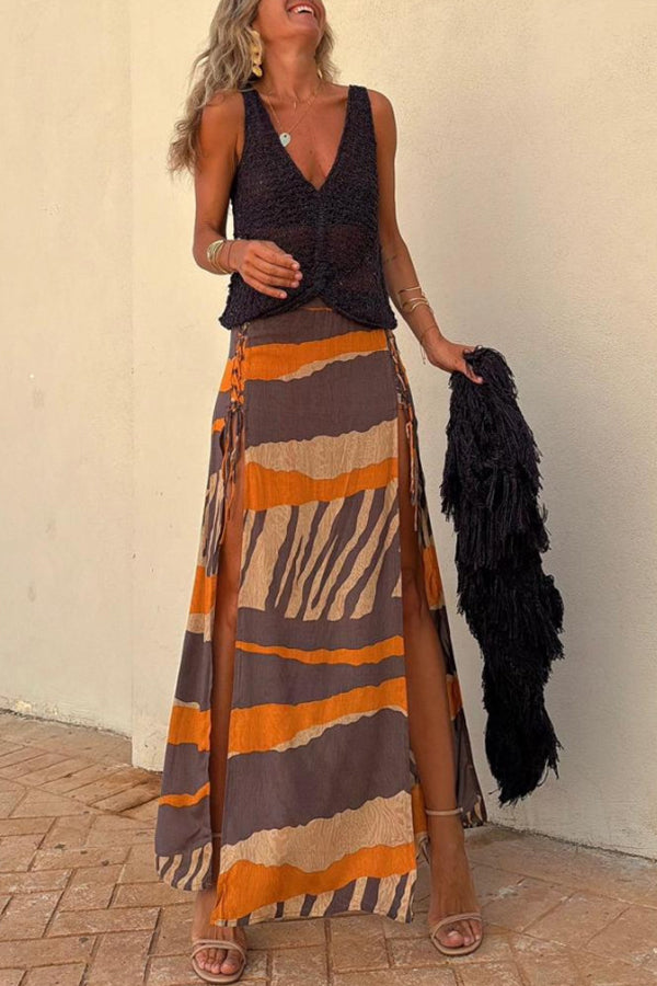 Bendita Colorblock Print Elastic Waist Side Lace-up Slit Maxi Skirt