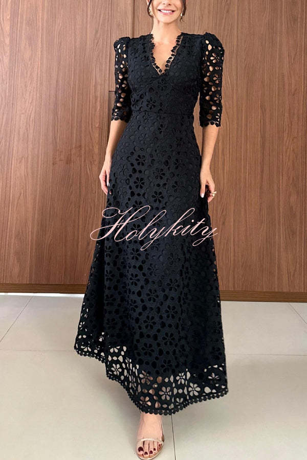 Best Day Ever Crochet Floral Lace Puff Sleeve Lined Maxi Dress