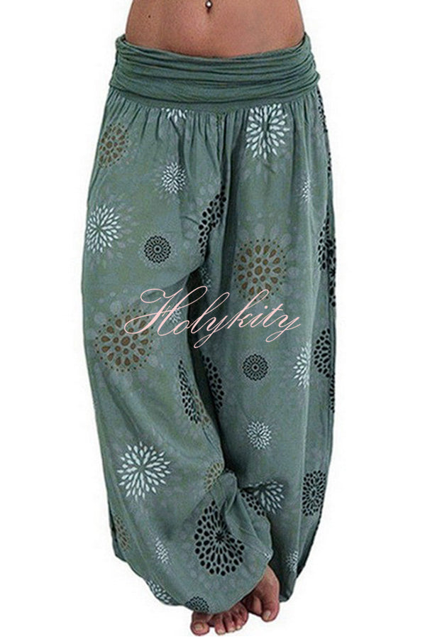 Digital Print Elastic Waist Pleated Long Pants