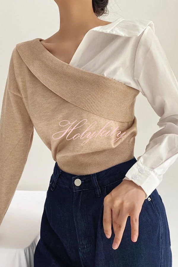 Stylish Patchwork Contrasting Long-sleeved V-neck Casual Sweater