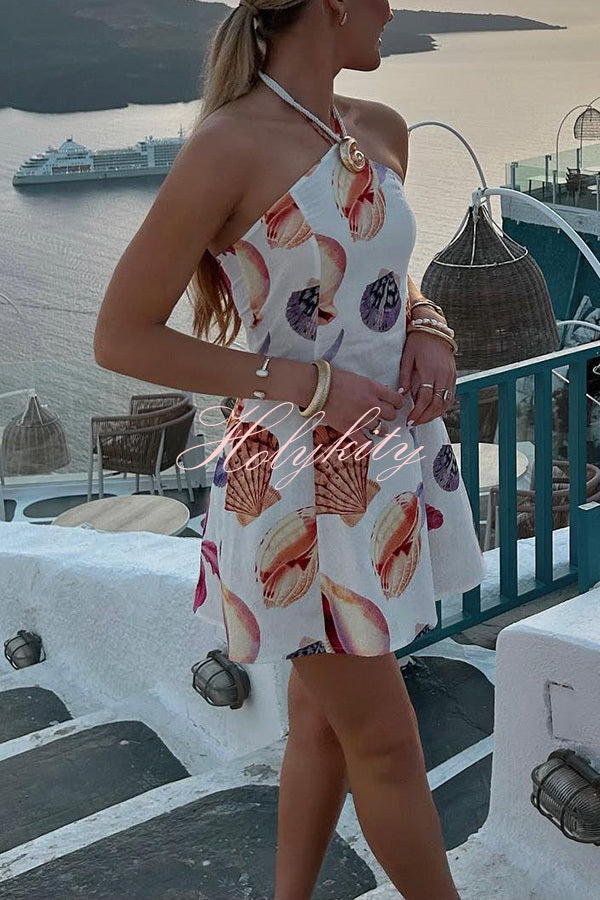 Seaside Bouquet Linen Blend Shells Unique Print Halter Mini Dress