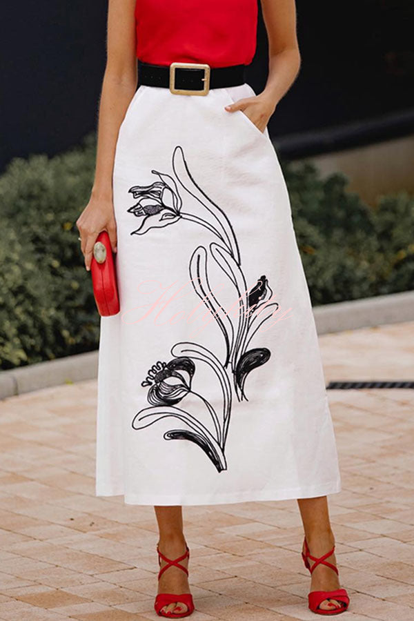 Julia Linen Blend High Waist Contrast Embroidered Pocket Skirt