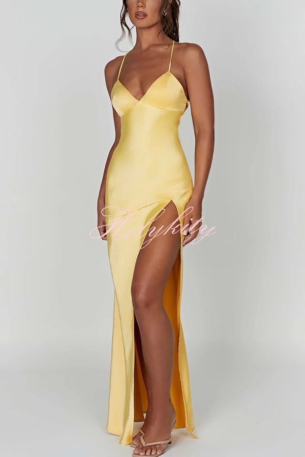 Satin Solid Color Sexy Backless Lace Up High Slit Maxi Dress