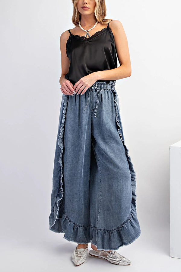 Solid Color Ruffled Elastic Waist Tie Loose Denim Flared Pants