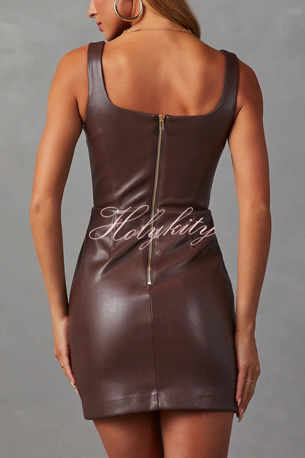 Calibri Faux Leather Square Neck Back Zipper Stretch Mini Dress