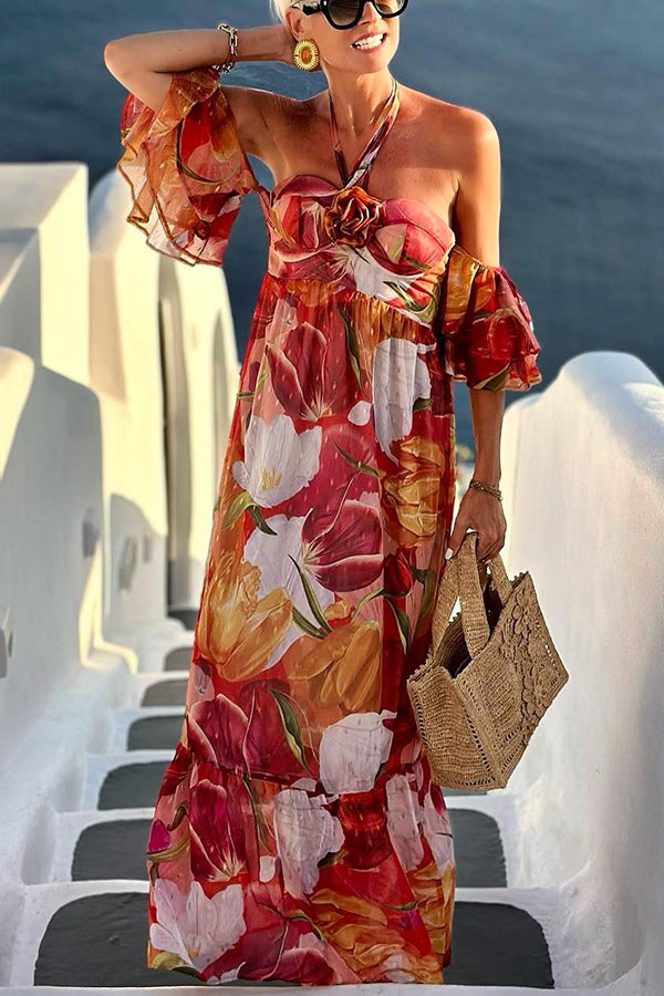 Paradise Bound Floral Printed Flower Pendant Halter Loose Maxi Dress