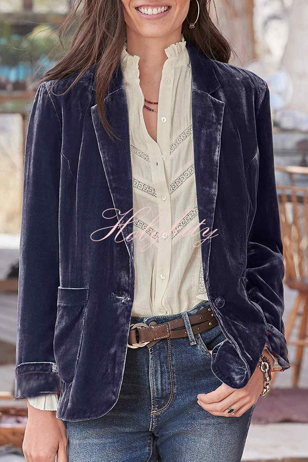 Solid Velvet One Button Long Sleeve Blazer