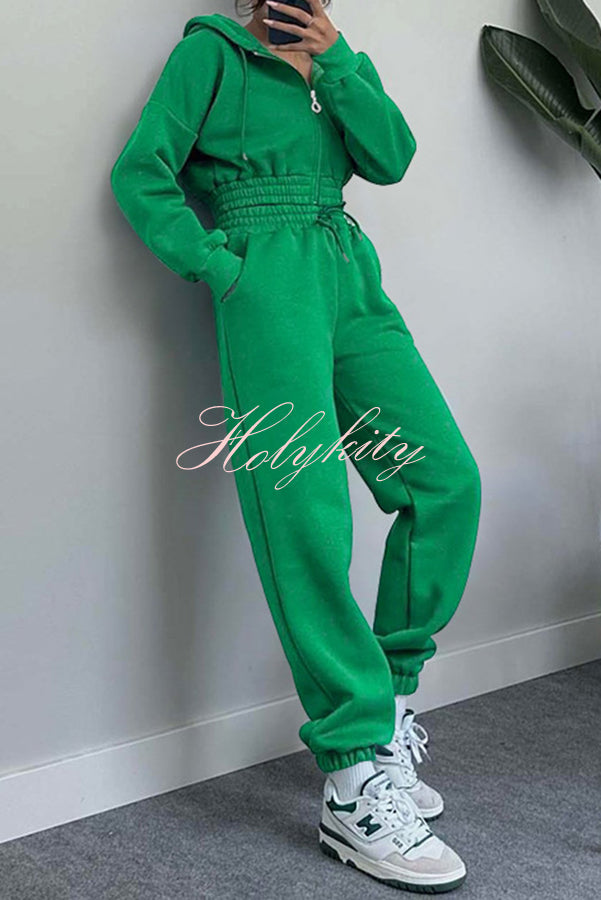 Hooded Zip Up Waist Sweatshirt and Elastic Waist Lace Up Pants Set