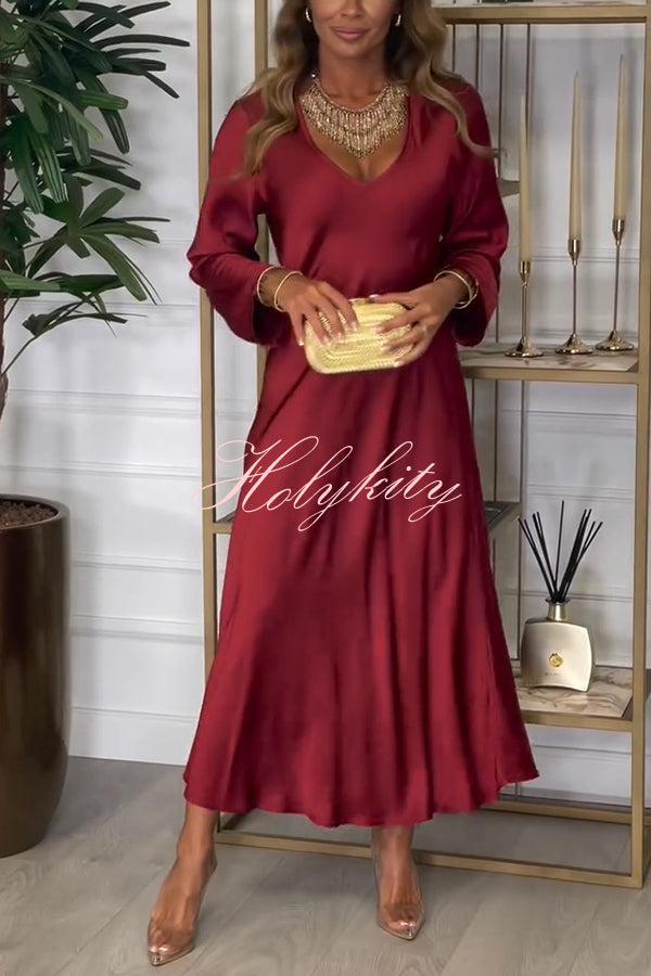 Solid Color V-neck Long-sleeved Loose Draped Maxi Dress