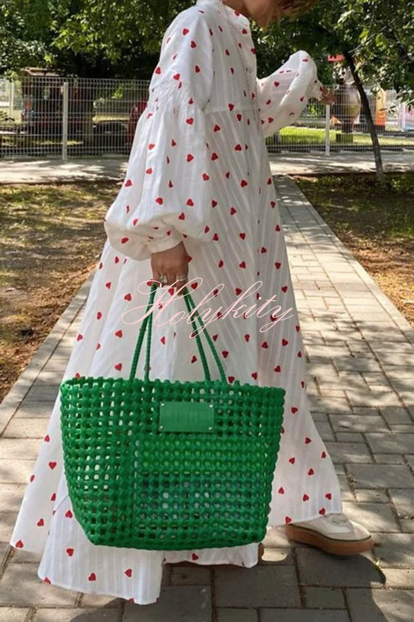 Cute Heart Print Puff Sleeve Loose Shirt Style Maxi Dress