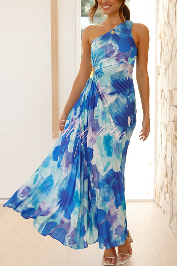 Laken Floral Print One Shoulder Adjustable Tie Cutout Pleated Maxi Dress