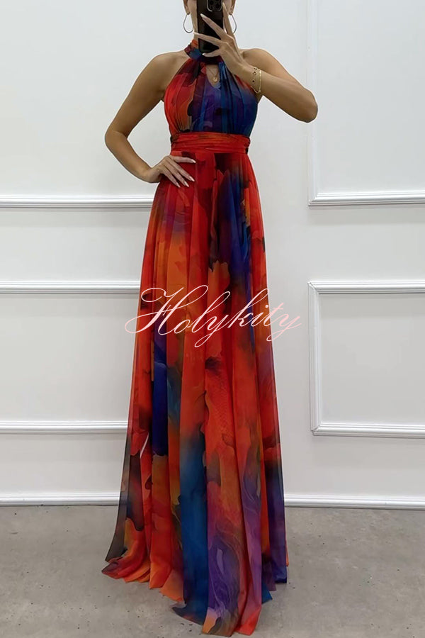 Elaine Tulle Floral Splash Print Cutout Halter Tie-up Neck Gown Maxi Dress