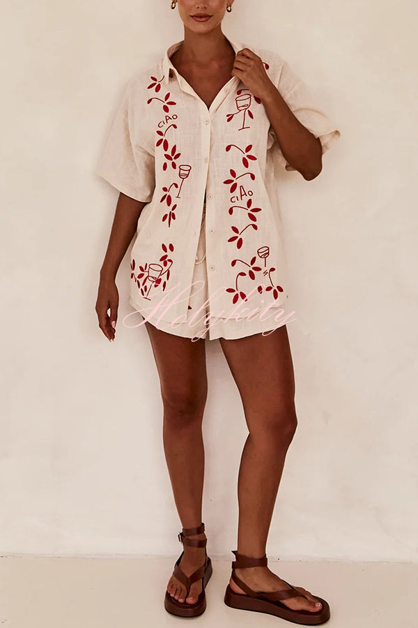 Unique Artistic Embroidered Button Lace Up Pocket Shorts Set