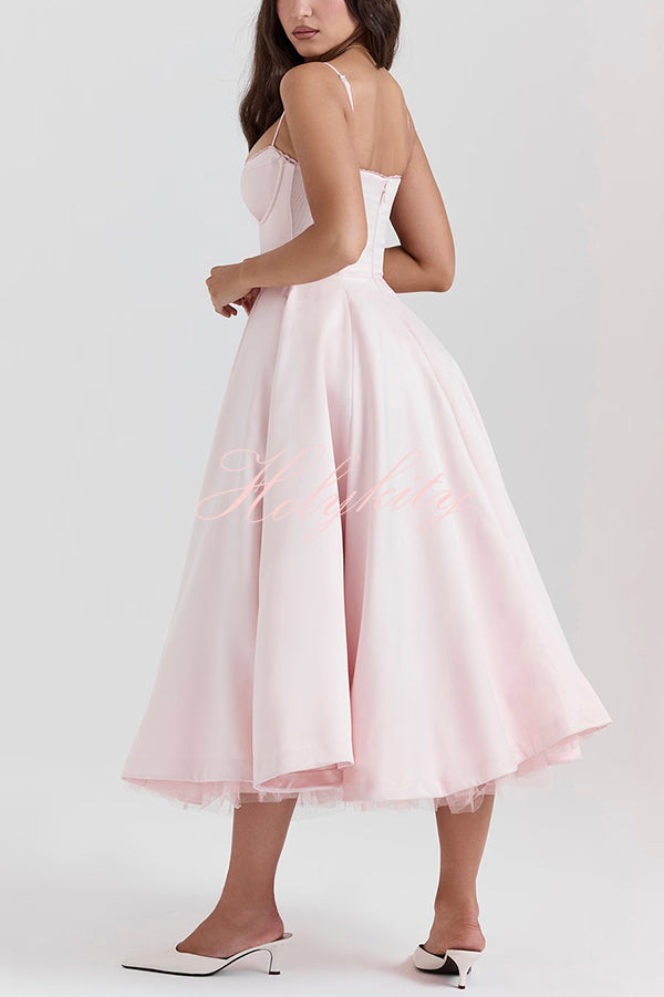 Fairytale Vibe Satin Patchwork Tulle Sweetheart Neck Pocket Stretch Midi Dress