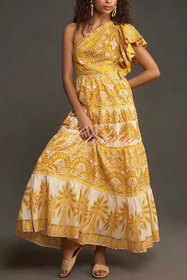 Exquisite Dream Unique Print One Shoulder Ruffle Sleeve Tiered Maxi Dress