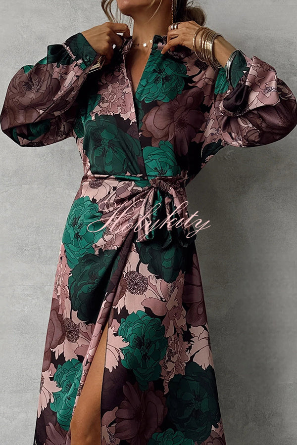 Floral Print Lapel Waisted Lace-up Long-sleeve Maxi Dress