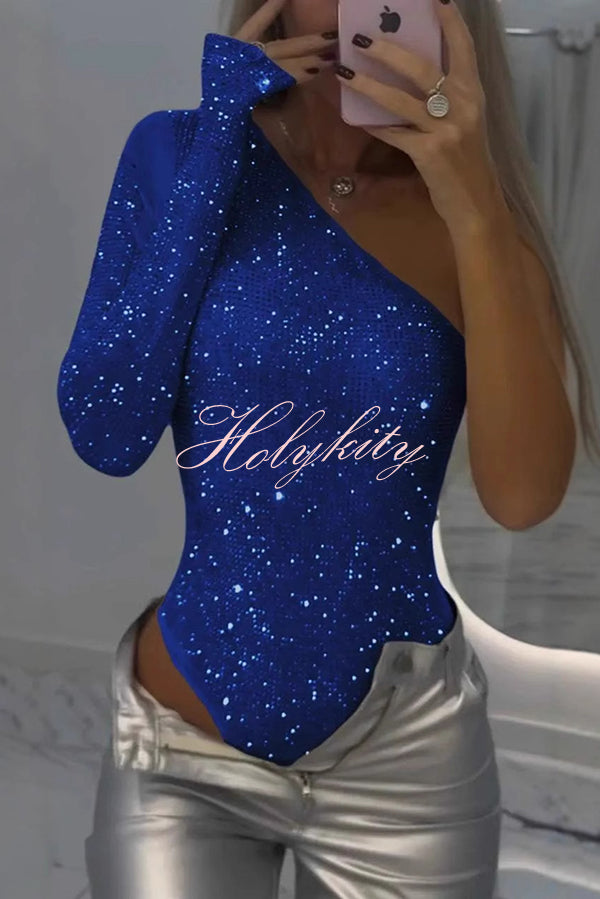 Solid Color Sequined One-shoulder Slim-fit Rompers