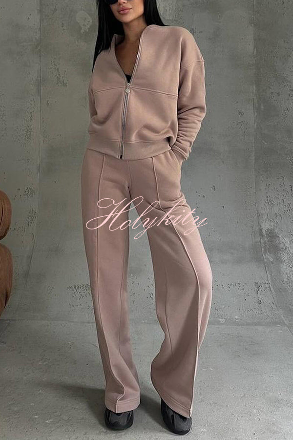 Solid Color Casual Long Sleeve Zipper Jacket and Elastic Waist Pocket Wide Leg Pants Set