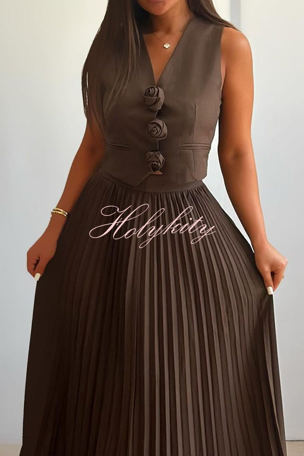 Stylish Rosette Sleeveless Tank Top and Pleated Maxi Skirt Set