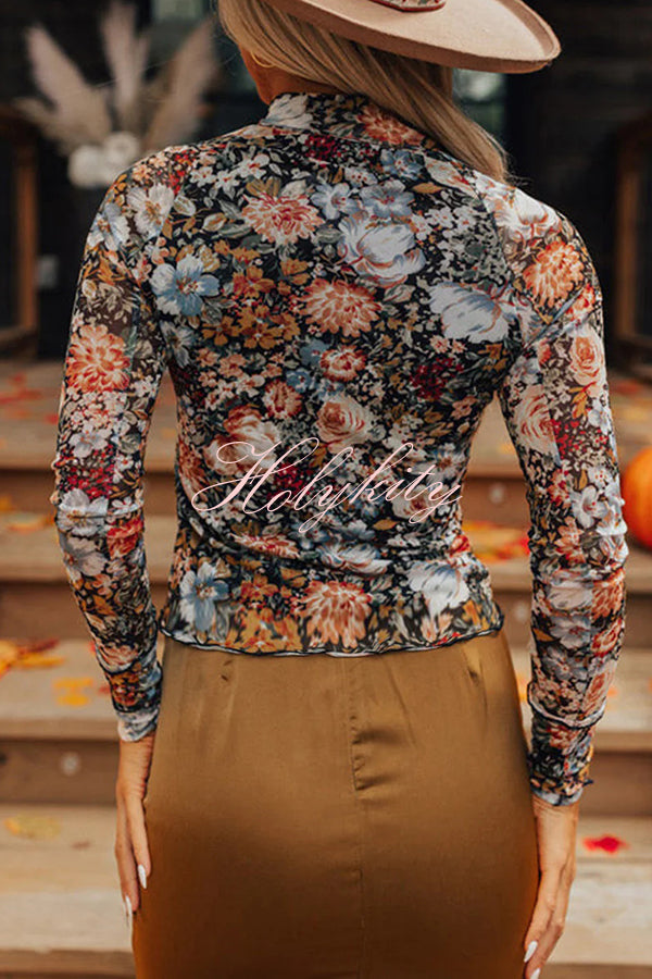 Floral Print Turtleneck Long Sleeve Stretch Bottoming Shirt